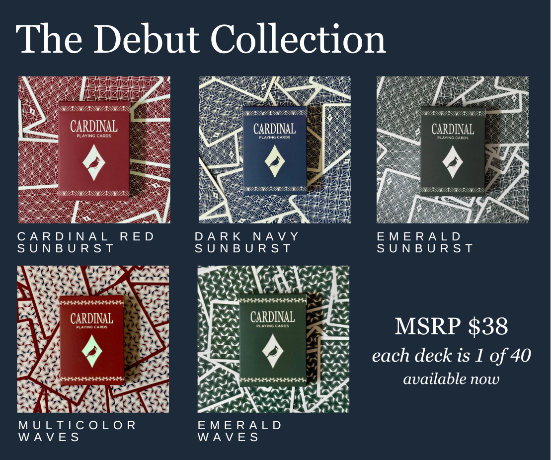 Cardinal Cards Co. debut collection packaging with color options and pricing information.